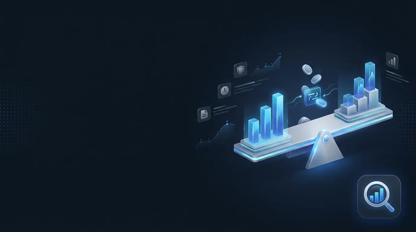 Dark navy hero banner with a balanced scale and abstract data bar podium, accented in blue and light grey, with a magnifying 